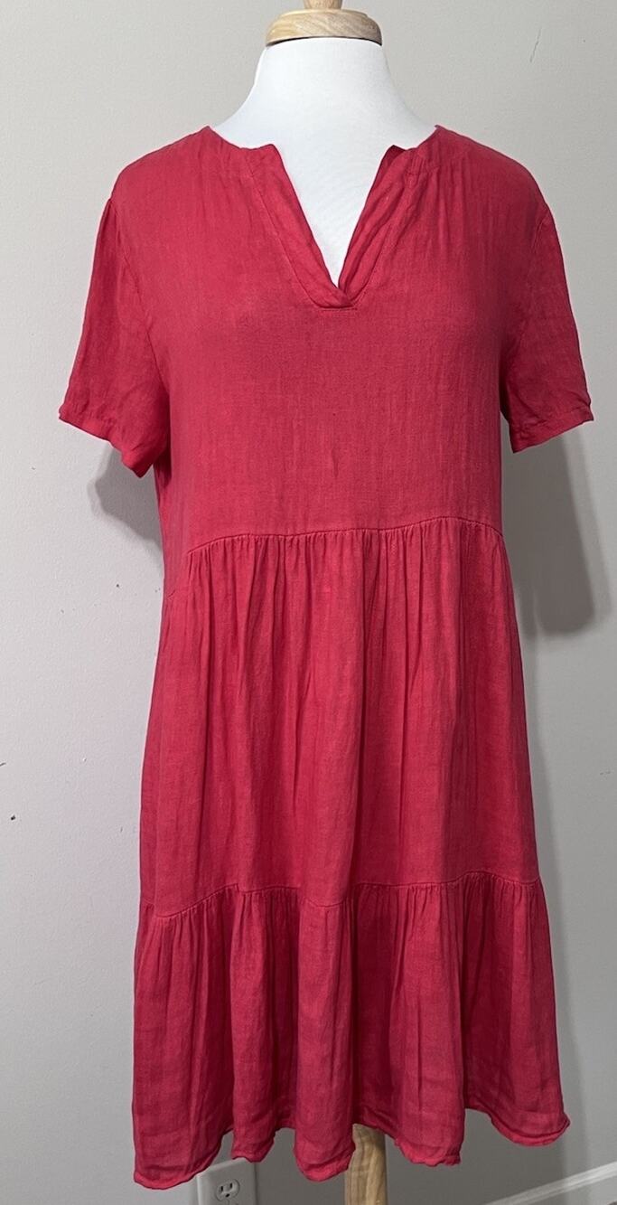 Francesca Bettini Italy Tiered Pure Linen Babydoll Dress Red Sz M Parisian Chic